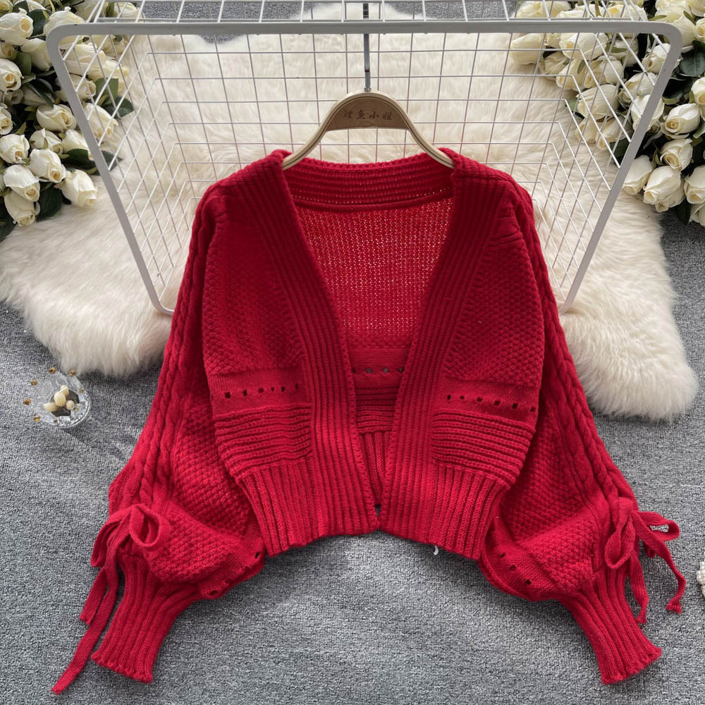 Bow Drawstring Short Knitted Cardigan