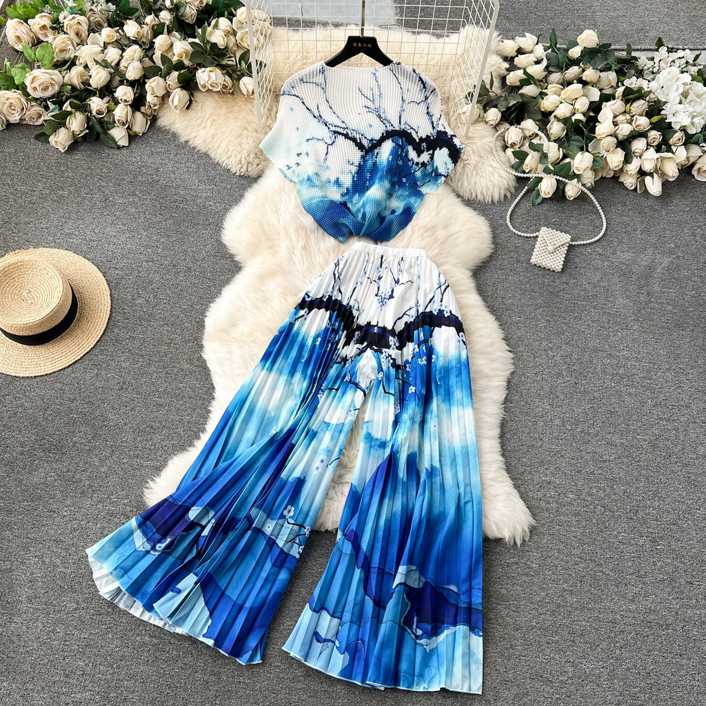Printed T-Shirt&Pleated Trousers Loose-fit 2Pcs