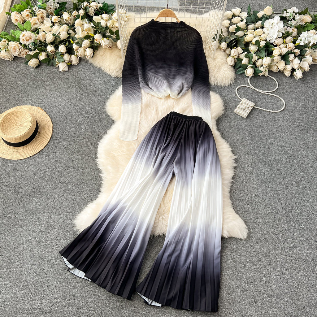Pleated Knitwear&Wide-leg Trousers Printed 2Pcs