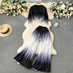 Pleated Knitwear&Wide-leg Trousers Printed 2Pcs
