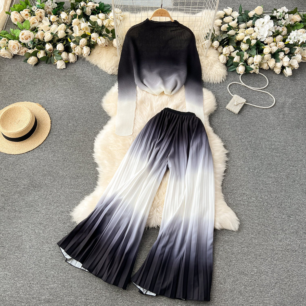 Pleated Knitwear&Wide-leg Trousers Printed 2Pcs