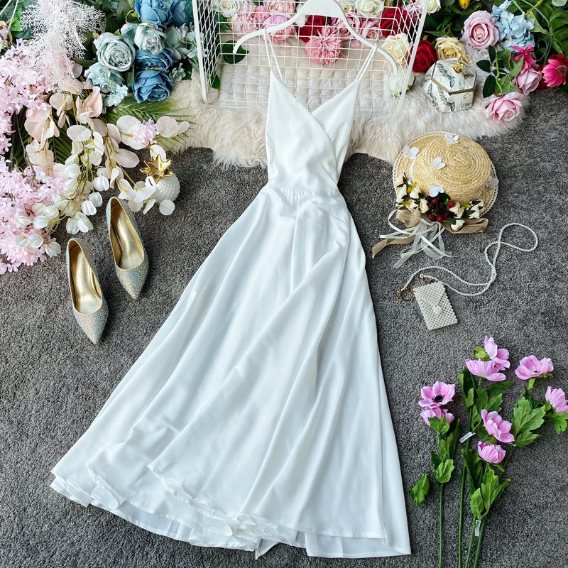 Lace-up Back Strap Halter Solid Color Big Swing Dress