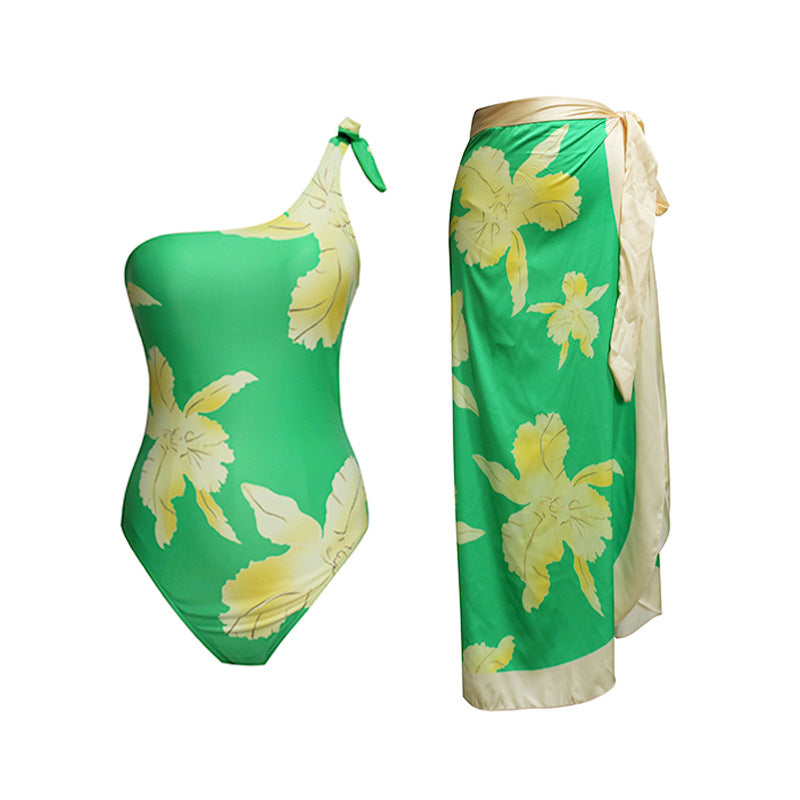 Vintage Floral Lace-up Swimwear&Wrap Skirt