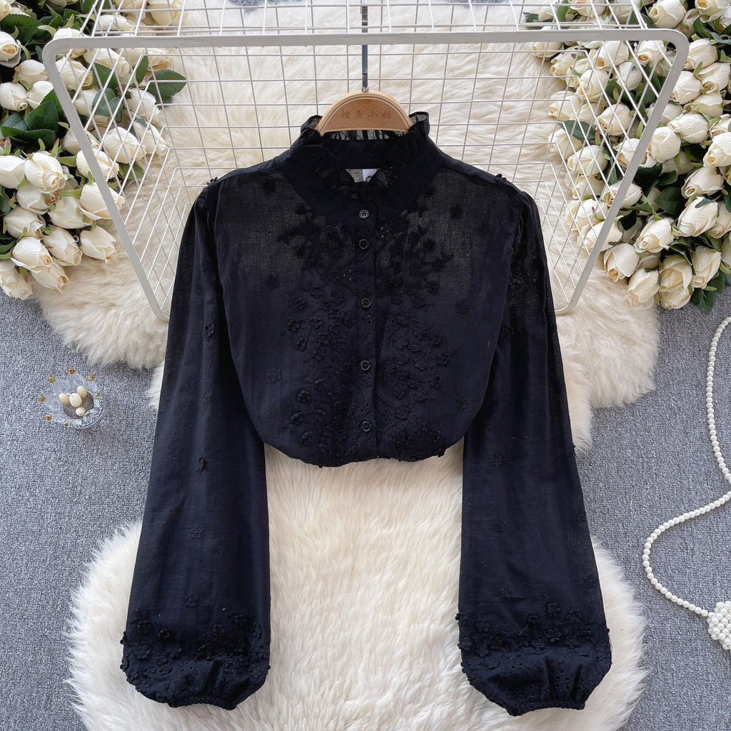 Flared Sleeve Solid Color Embroidered Shirt