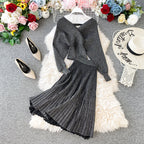 Two-piece Bright Silk Knitted Sweater + Skirt
