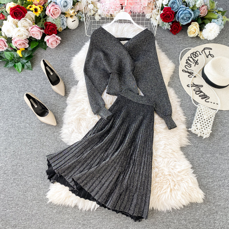 Two-piece Bright Silk Knitted Sweater + Skirt