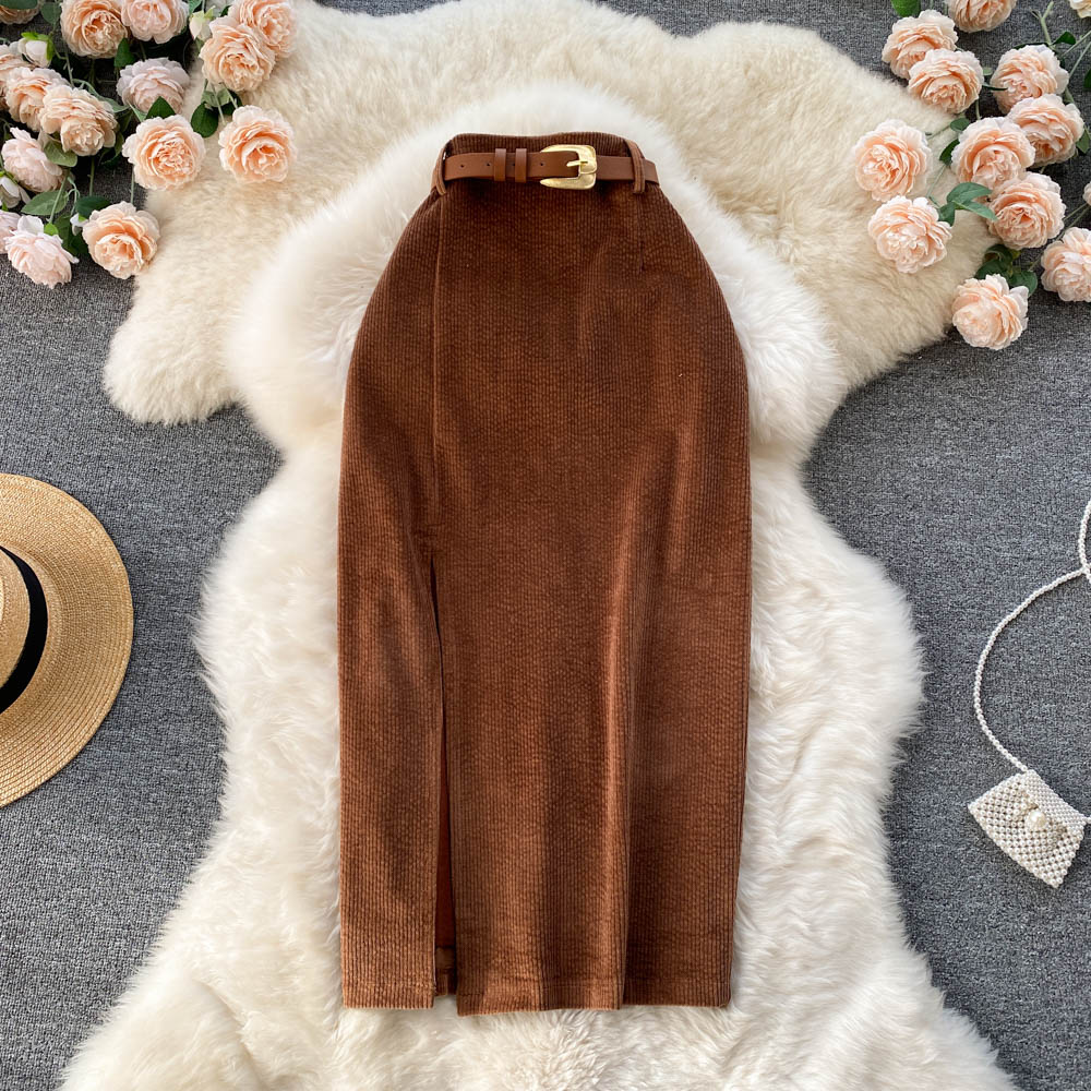 Slit Half Height Waist Slim Bag Hip A-line Skirt