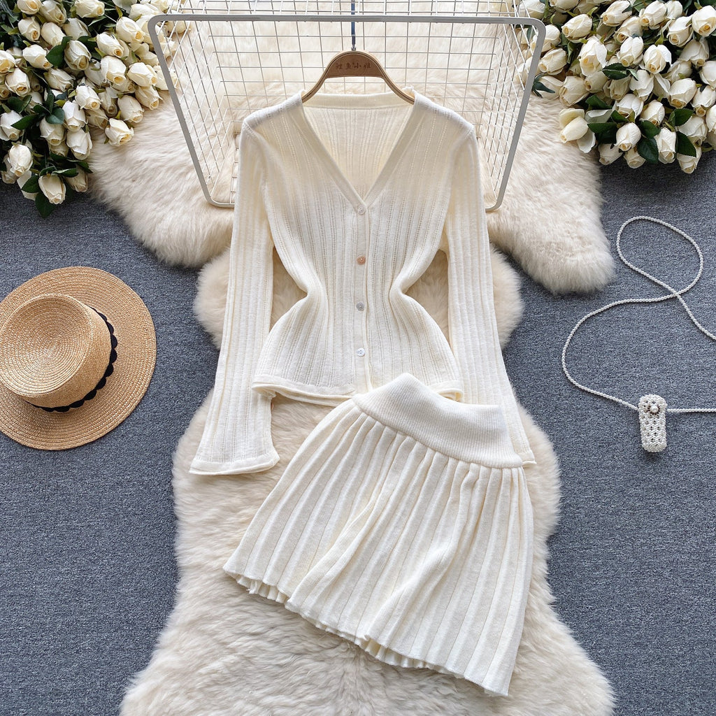 V-neck Cardigan&Pleated Skirt Knitted 2Pcs
