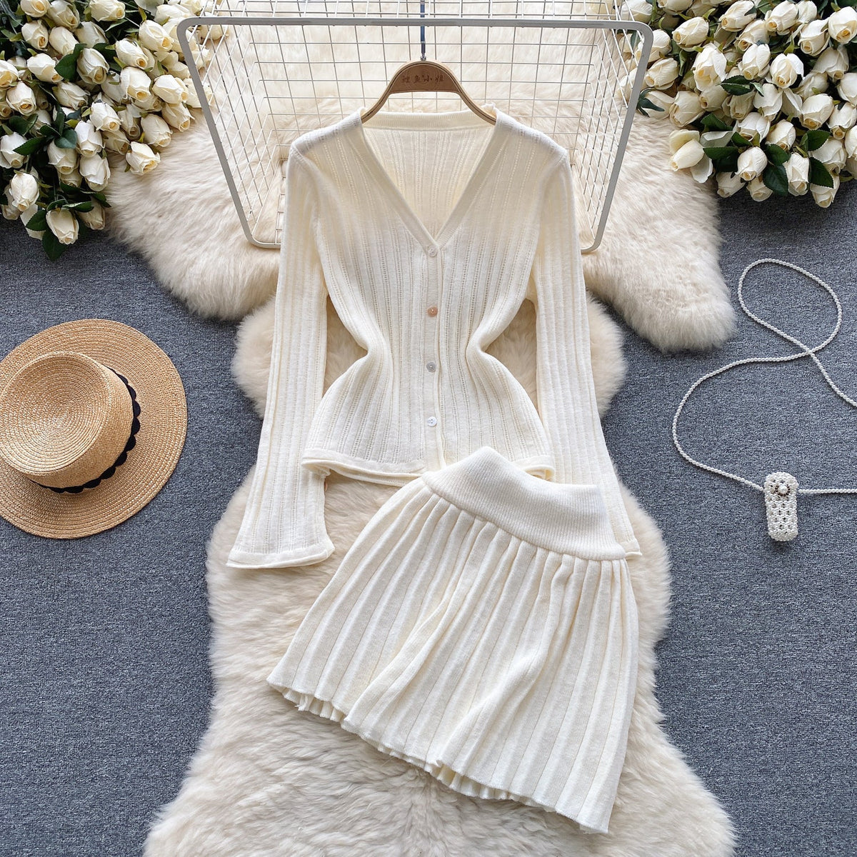 V-neck Cardigan&Pleated Skirt Knitted 2Pcs
