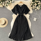 Chiffon Pleated Solid V-Neck Dress