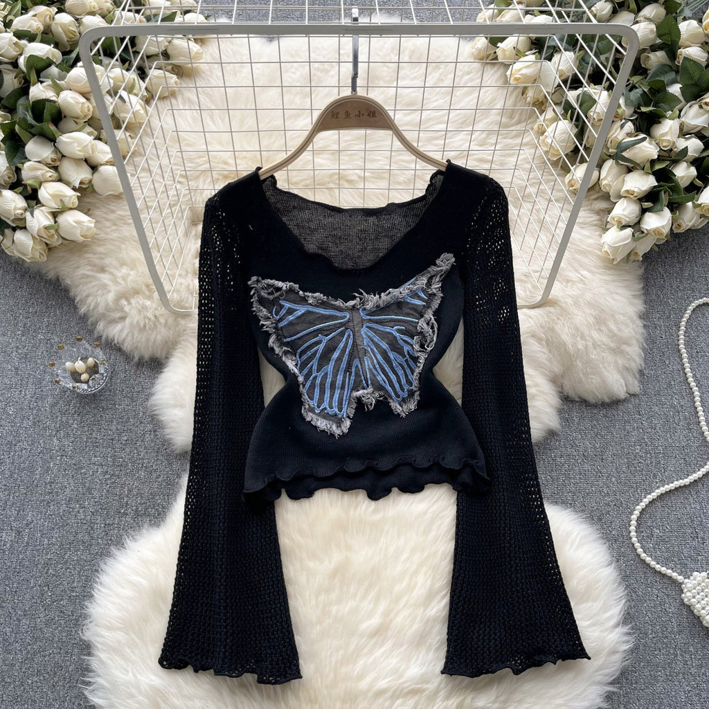 Vintage Distressed Butterfly Pattern Knitwear
