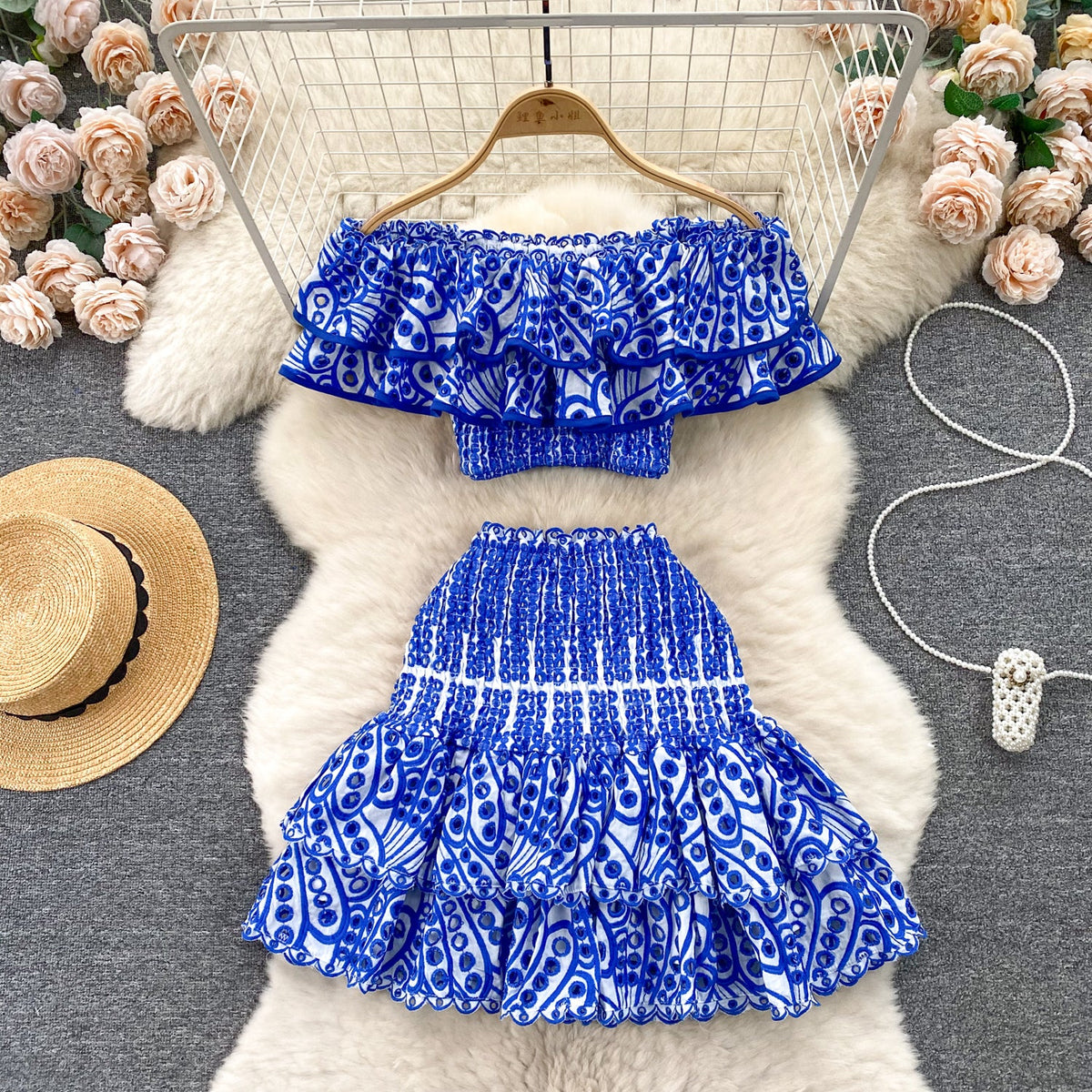 Ruffled Top&Skirt Hollowed Embroidered 2Pcs