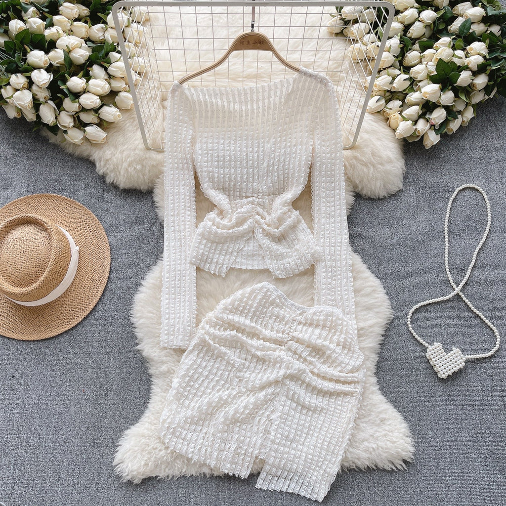 Off-shoulder Top&Skirt Solid 2Pcs
