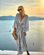 Chic Sequined Flared Sleeve Openwork Dress