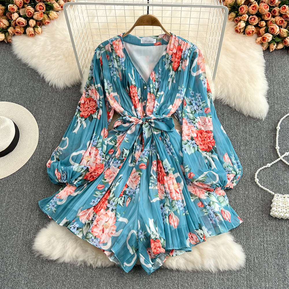 Neck Waist Print V-Neck Pleated Jumpsuit