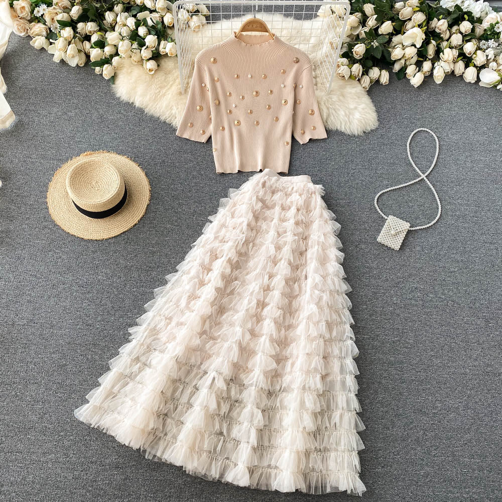 Knitted Top & Mesh Skirt Two-piece Suit