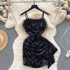Furry Neckline Sequined Slip Dress