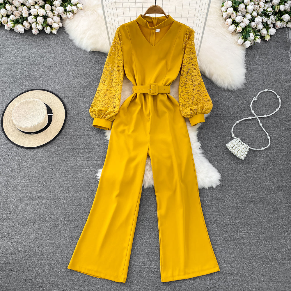 Vintage V-neck Lace Patchwork Jumpsuit
