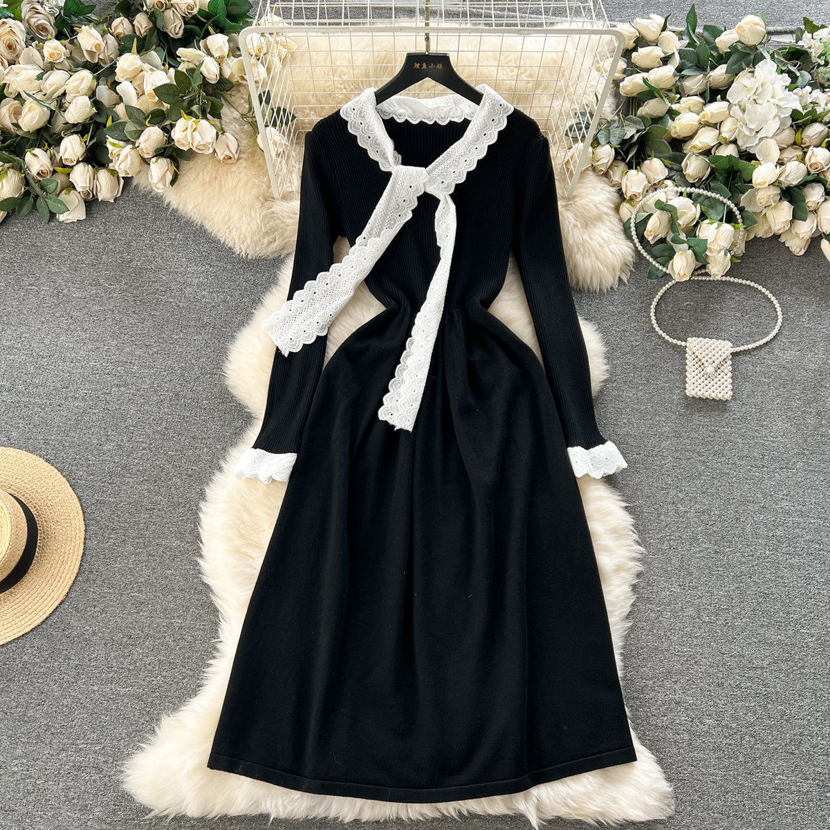 Color Blocking Bow-tie Collar Knitted Dress