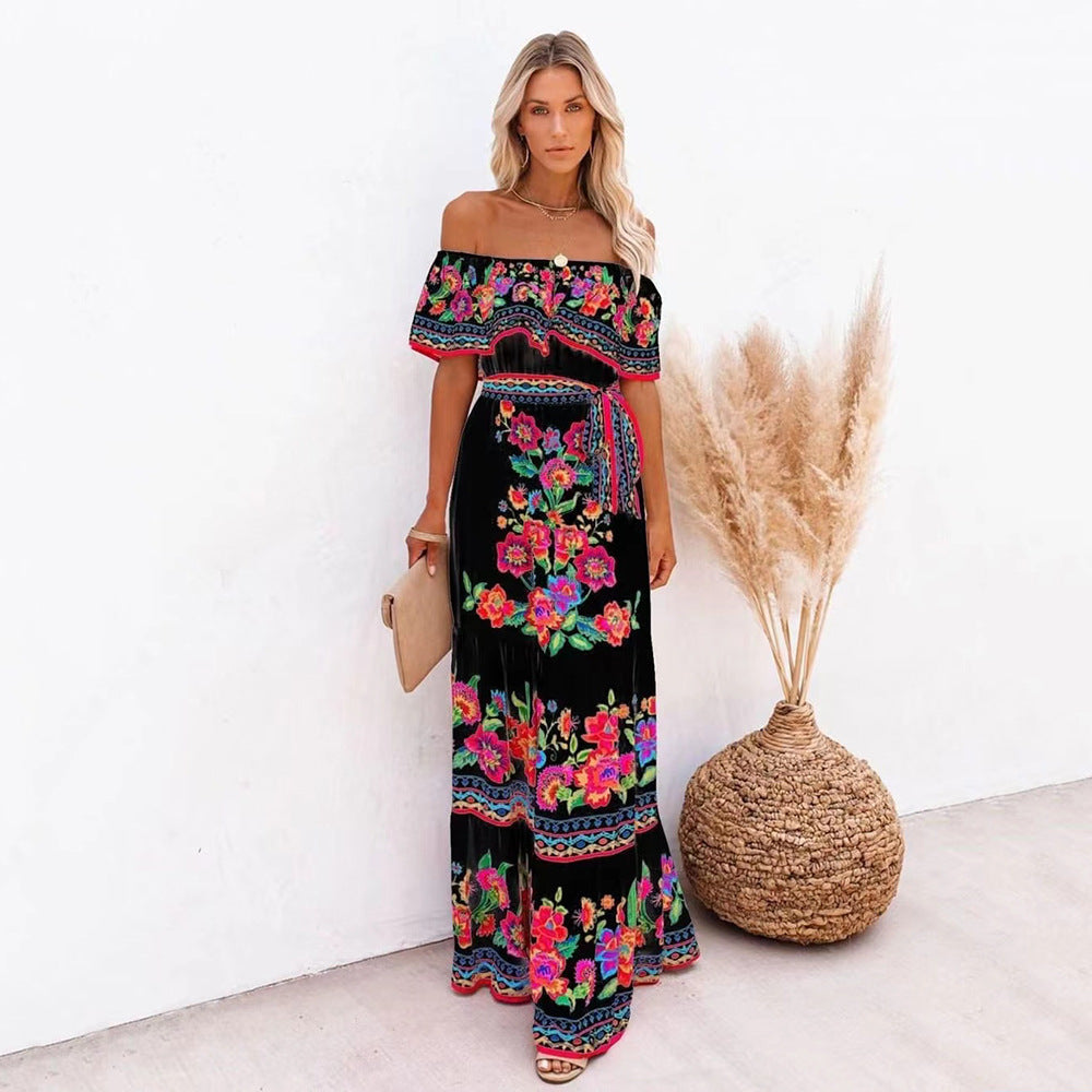 Off-shoulder Lace-up Floral Beach Dress