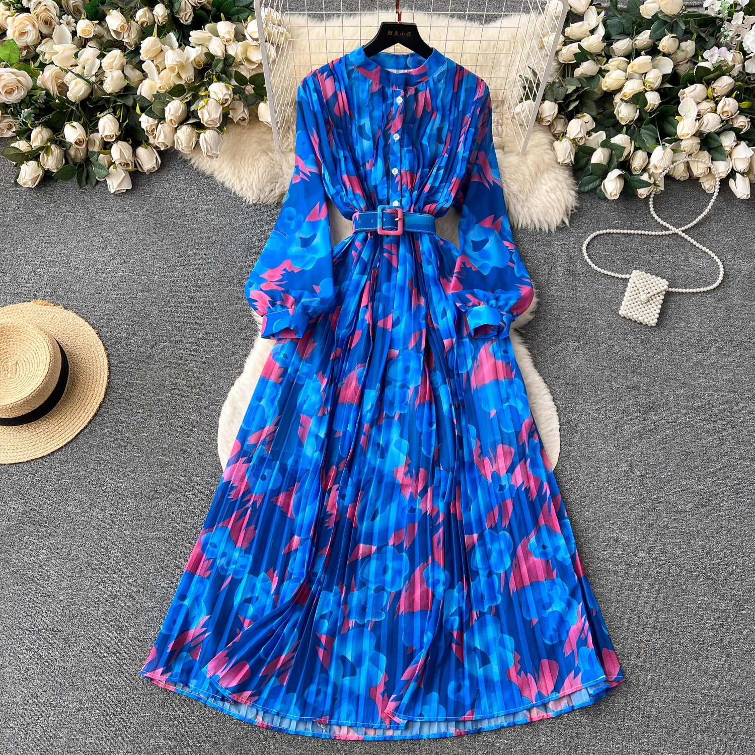 Pleated Floral Printed Shirt Dress