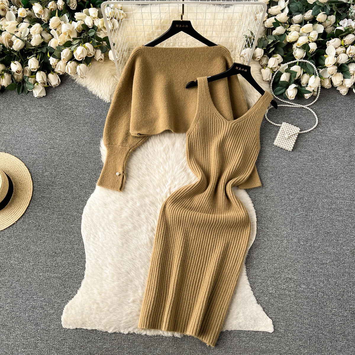 Loose Sweater&Slip Dress Knitted 2Pcs