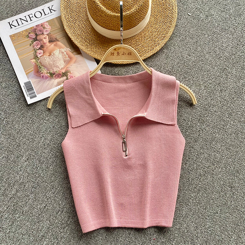 Lapeled Sleeveless Knitted Top