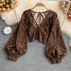 V-neck Open-back Cutout Crochet Lace Shirt