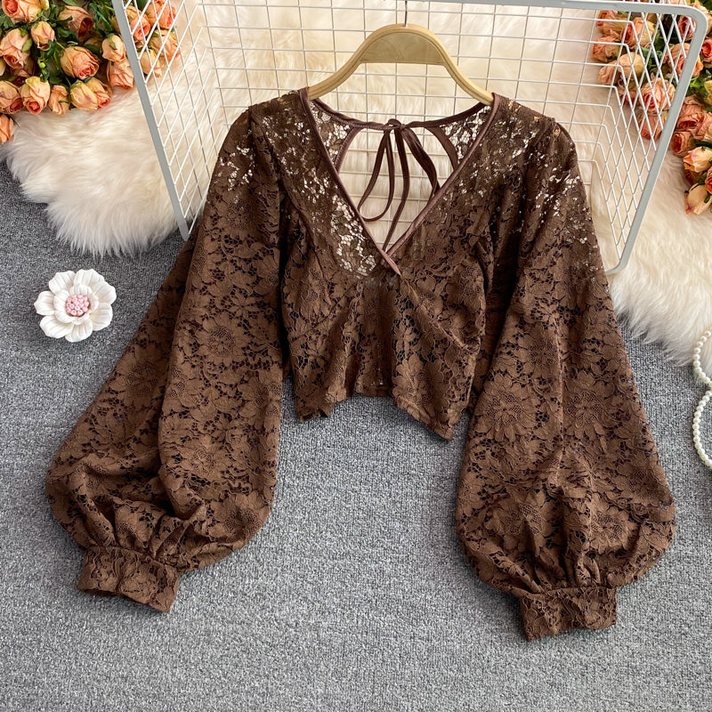 V-neck Open-back Cutout Crochet Lace Shirt