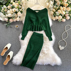 Off-the-shoulder Top&Skirt Knitted 2Pcs