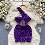 Slant Shoulder Sequin Mini Party Dress
