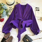 V-neck Pleated Tie Bow Ruffled Chiffon Shirt