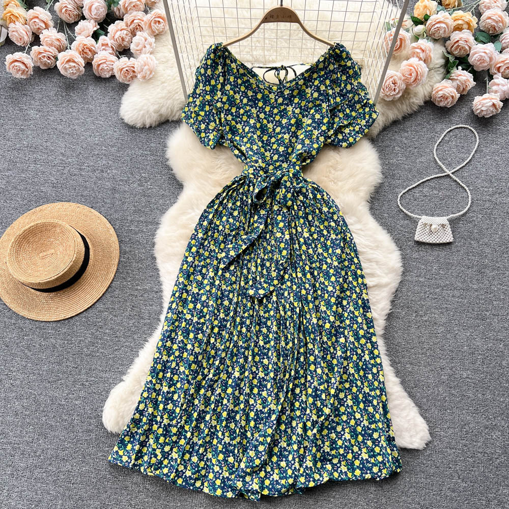 Fairy Pleated Lace-up Floral Dress
