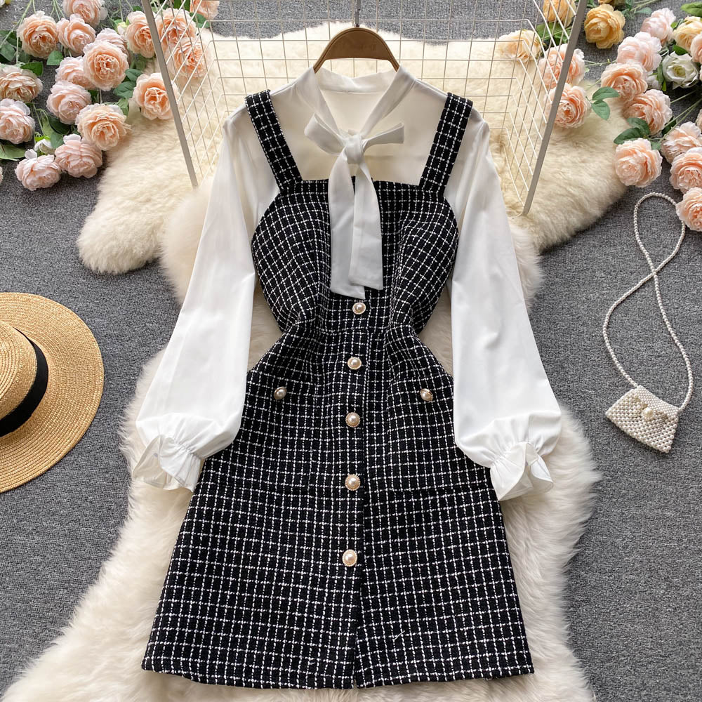 Bow-tie Tweed White Shirt&Plaid Dress