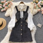 Bow-tie Tweed White Shirt&Plaid Dress