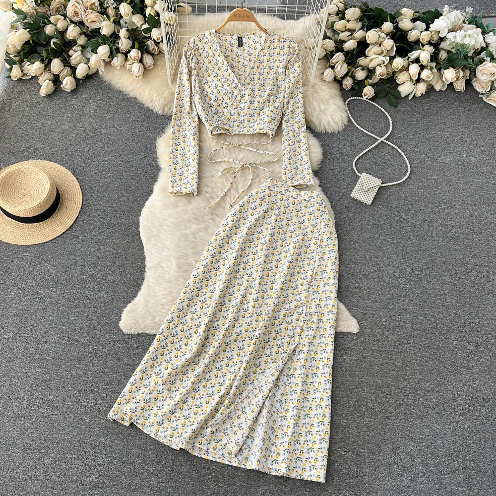 V-neck Top&Split Skirt Floral 2Pcs