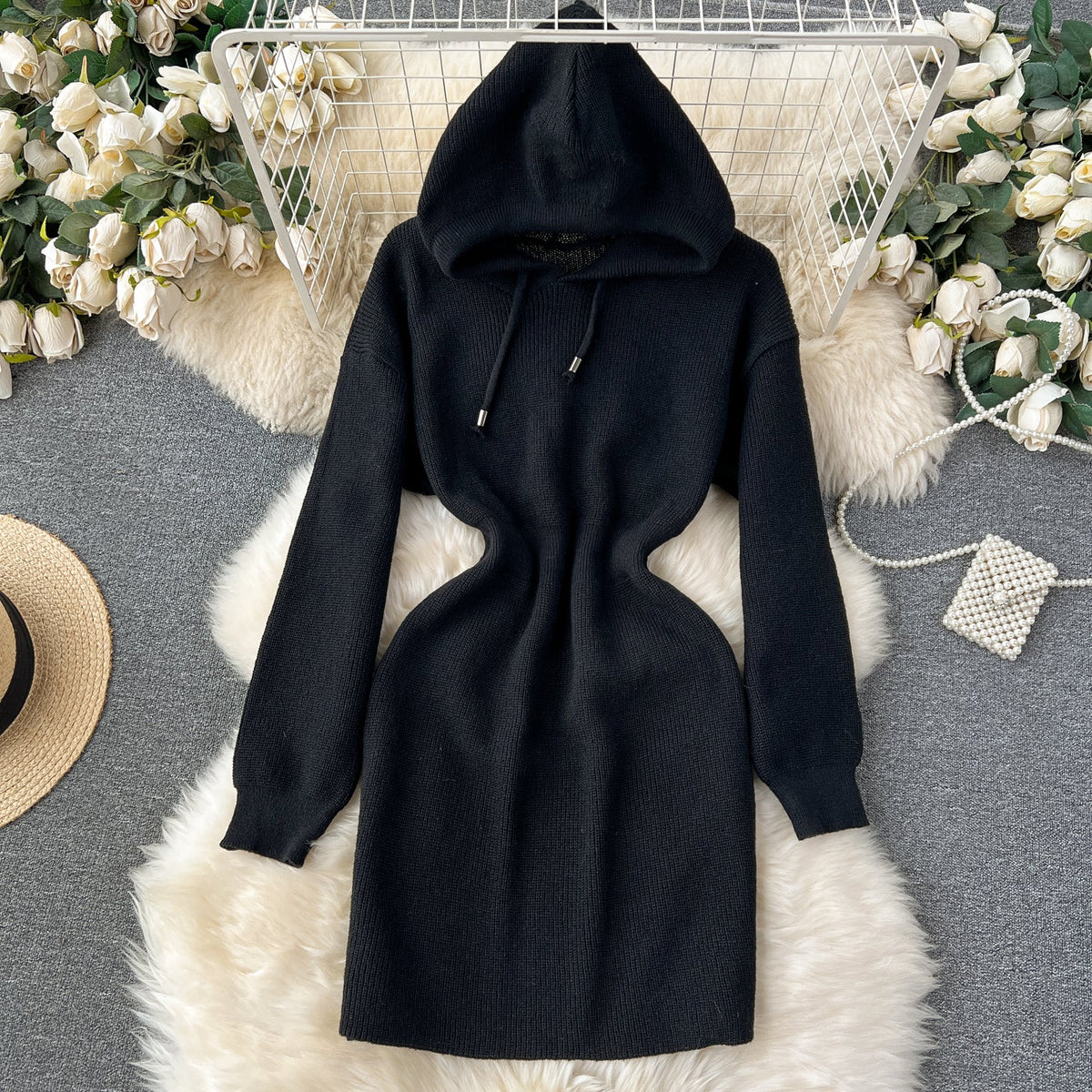 Hooded Drawstring Stretchy Knitted Dress