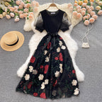 Embroidered Mesh Stitching Knitted Dress