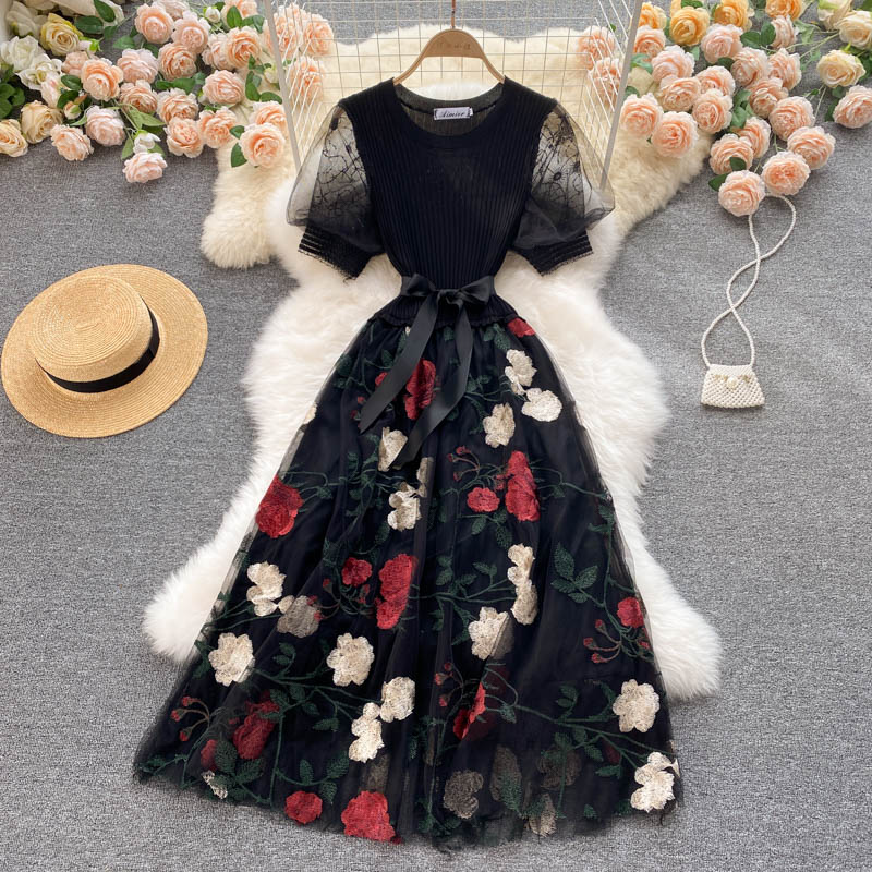 Embroidered Mesh Stitching Knitted Dress