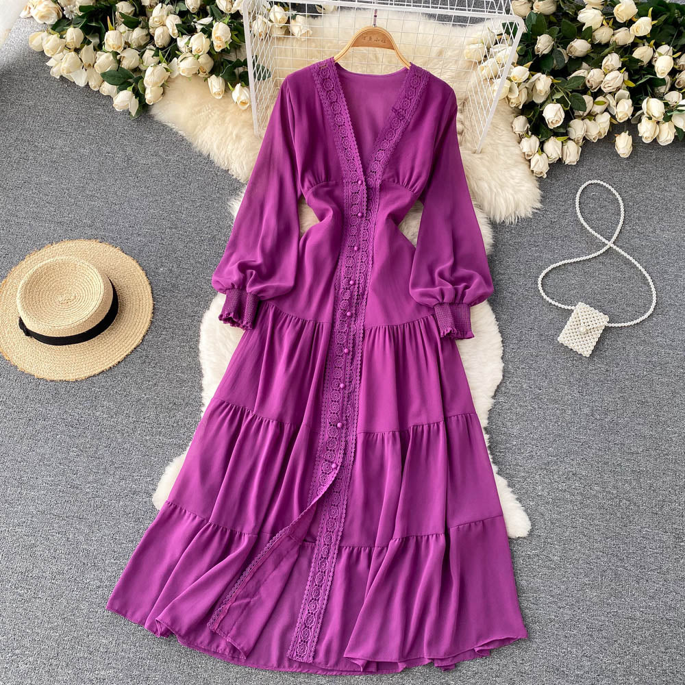 Courtly Lace Trim Single-breasted Dress