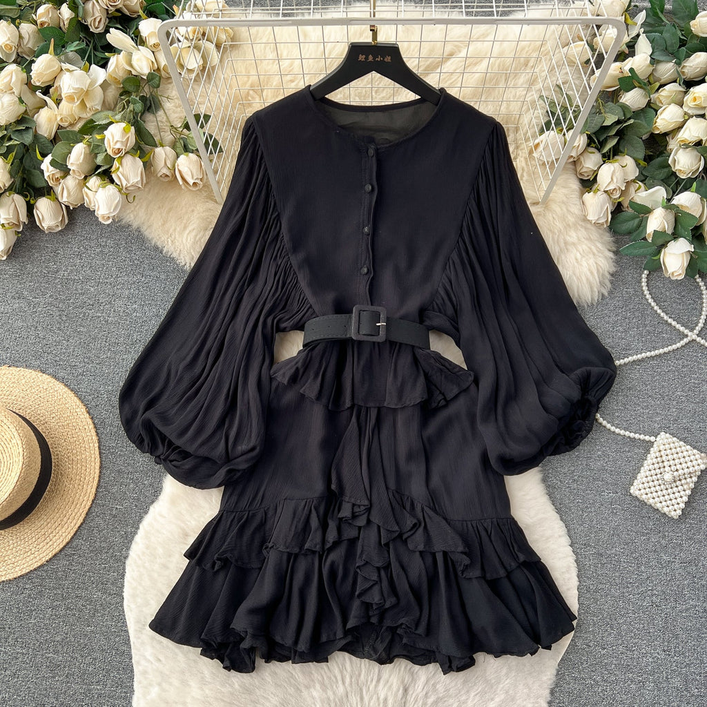 Courtly Puffy Sleeve Ruffled Dress