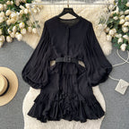 Courtly Puffy Sleeve Ruffled Dress