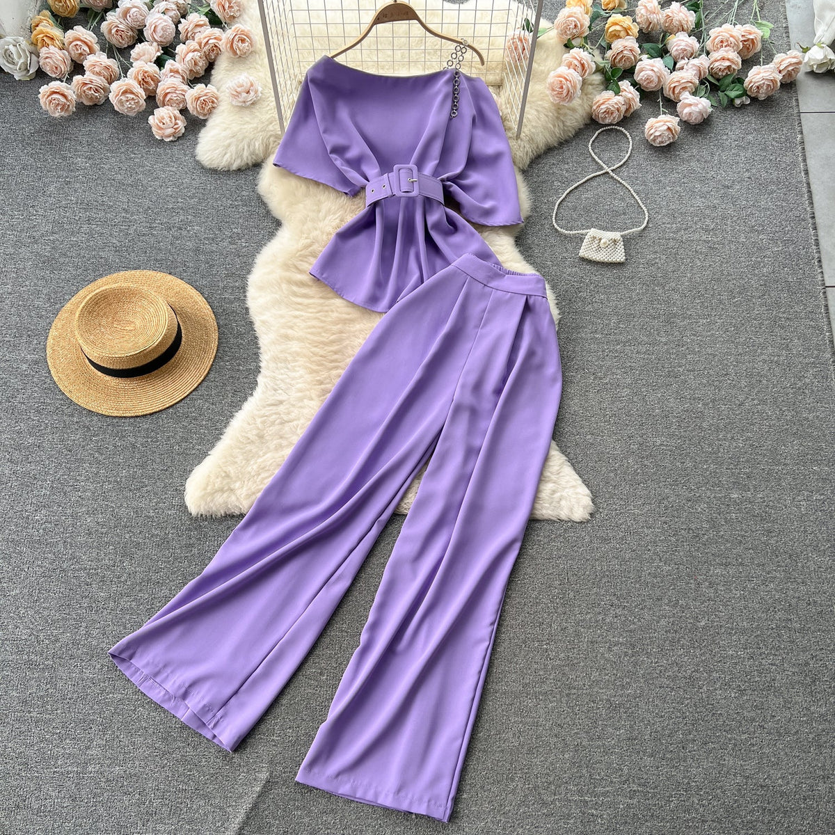 One-shoulder Top&Wide-legged Trousers 2Pcs
