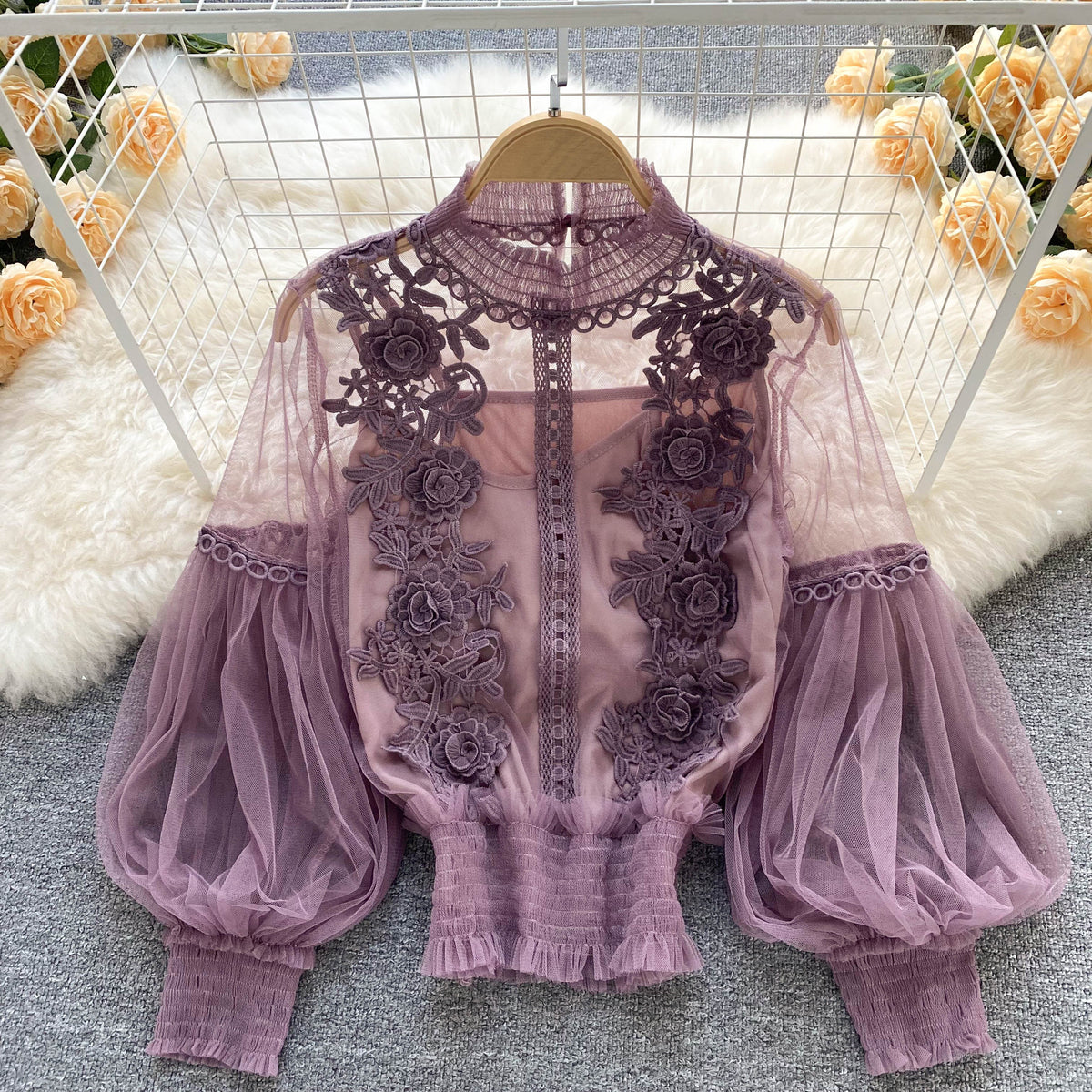 Mesh Lantern Sleeve Lace Embroidered Shirt