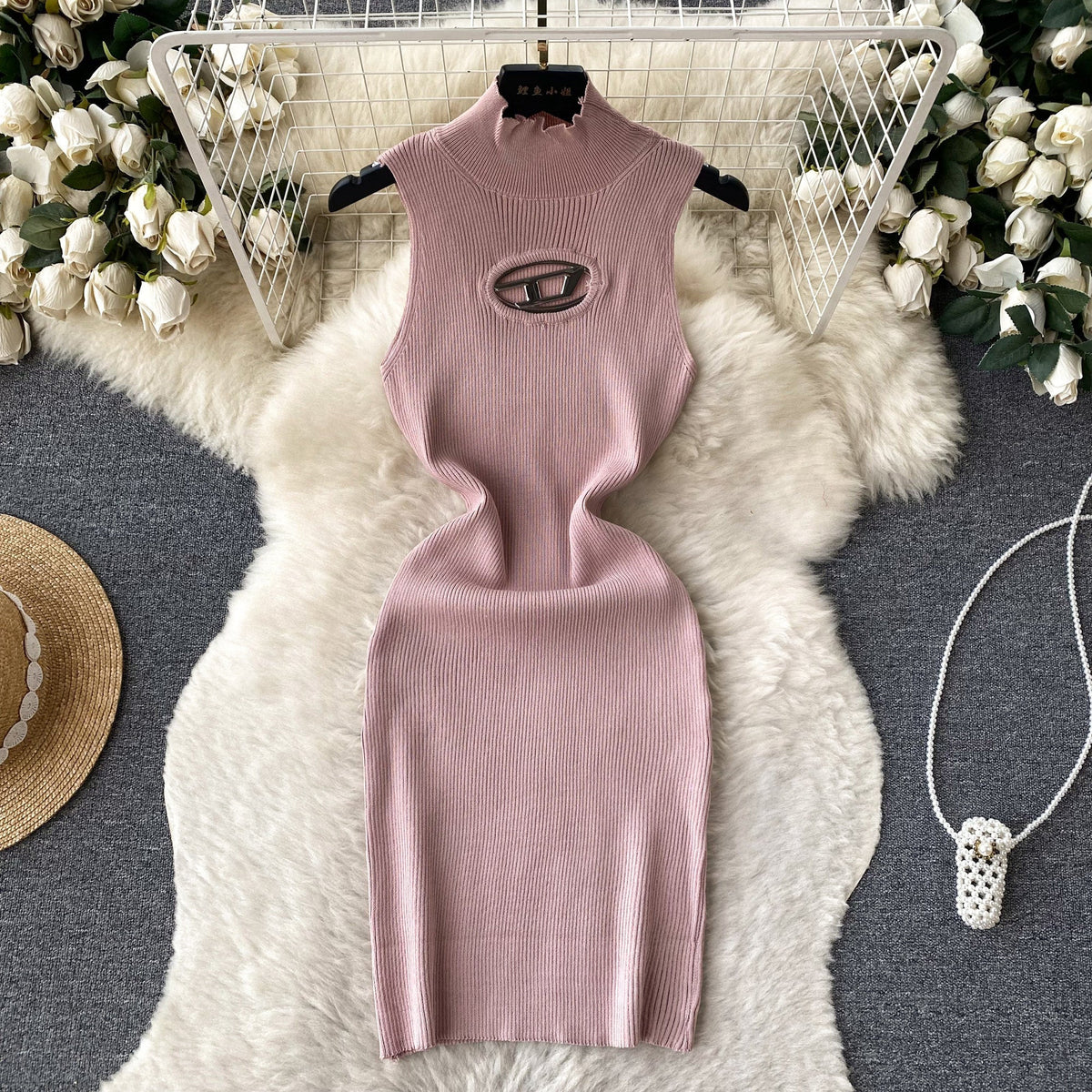 Hollowed Semi-turtleneck Slim Knitted Dress