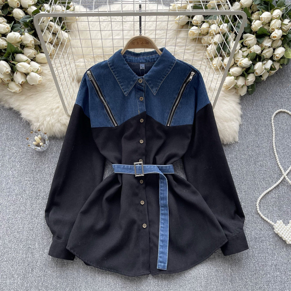 Niche Striped Patchwork Denim Shirt