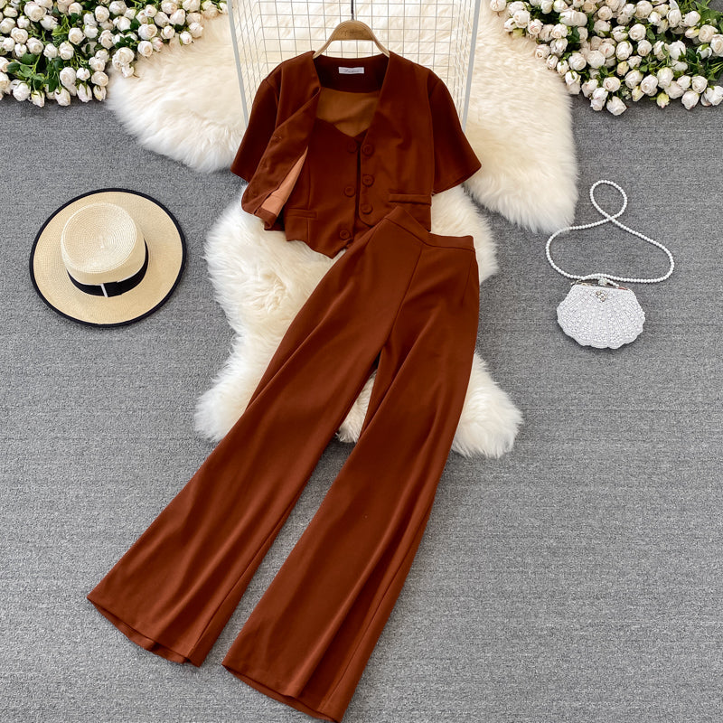 Camisole Short V-Neck Shirt Jacket Long Pants Three Piece