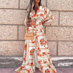 V-neck Printed Lace-up Beach Dress