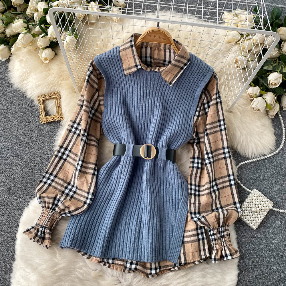 Two-piece Tartan Shirt Split Knit Vest