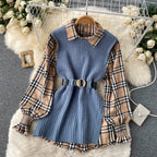 Two-piece Tartan Shirt Split Knit Vest